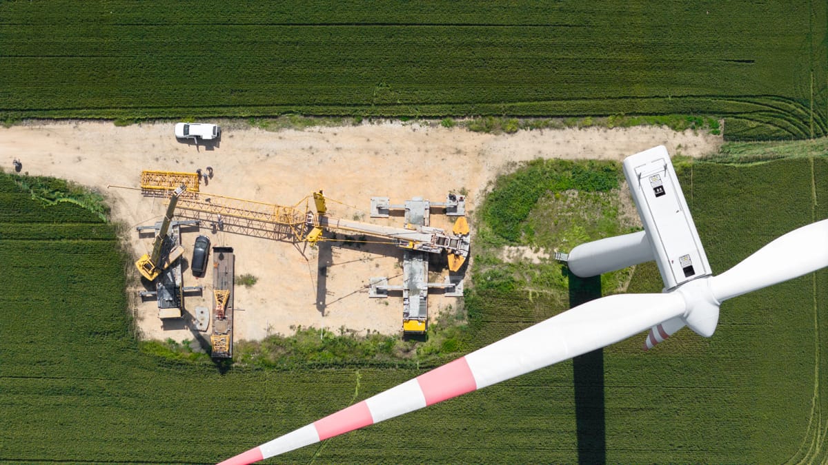 An aerial view of a wind turbine installation, a new popular green collar job